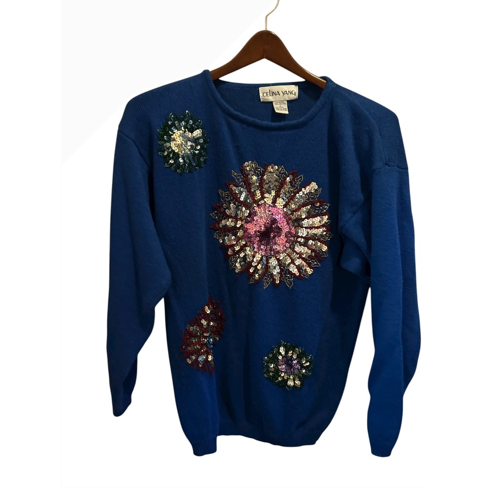 Celina Yang Blue Sequin Embellished‎ Floral Knit Sweater Top Women's Size L